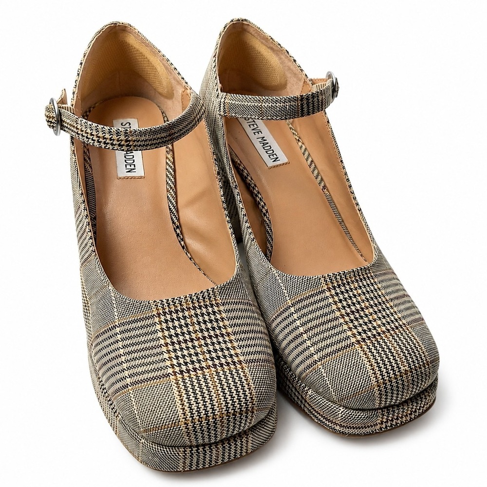 STEVE MADDEN Mingle Mary Jane Shoe Sz 8.5M Plaid Prep Chunky Block Heel 90s Y2K